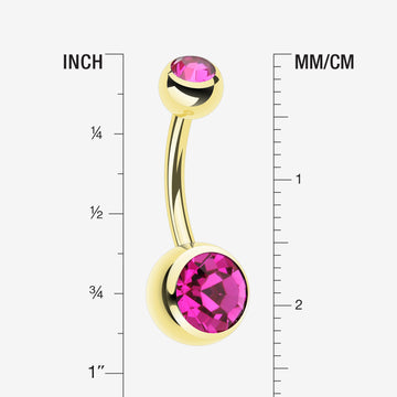 Detail View 1 of Gold PVD Double Gem Ball Steel Belly Button Ring-Fuchsia